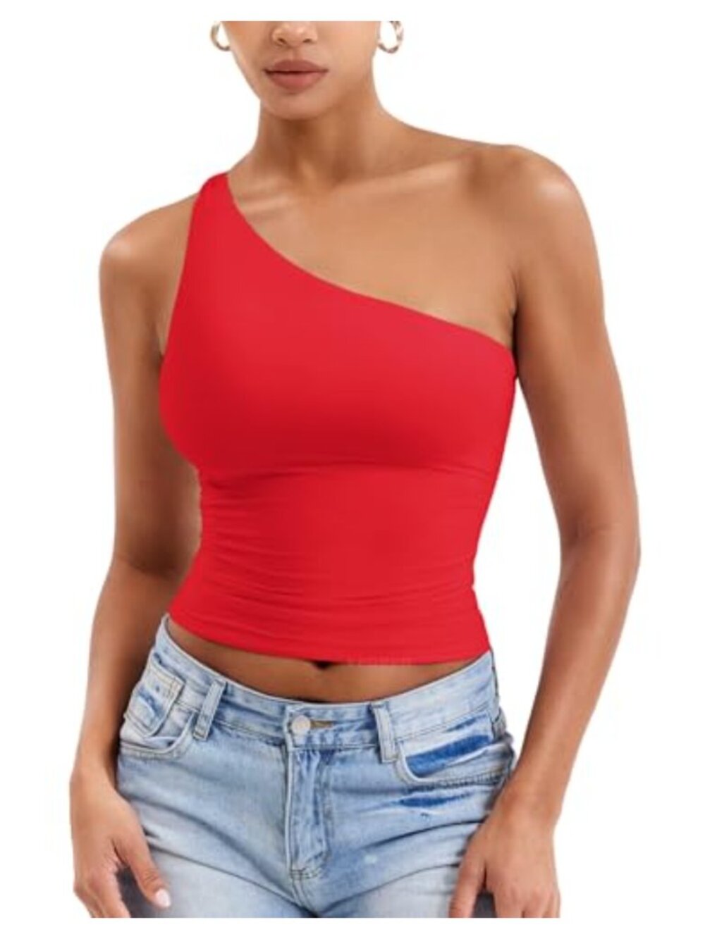 One Shoulder Tank Top Sleeveless Double-Lined Side Scrunch Crop Top